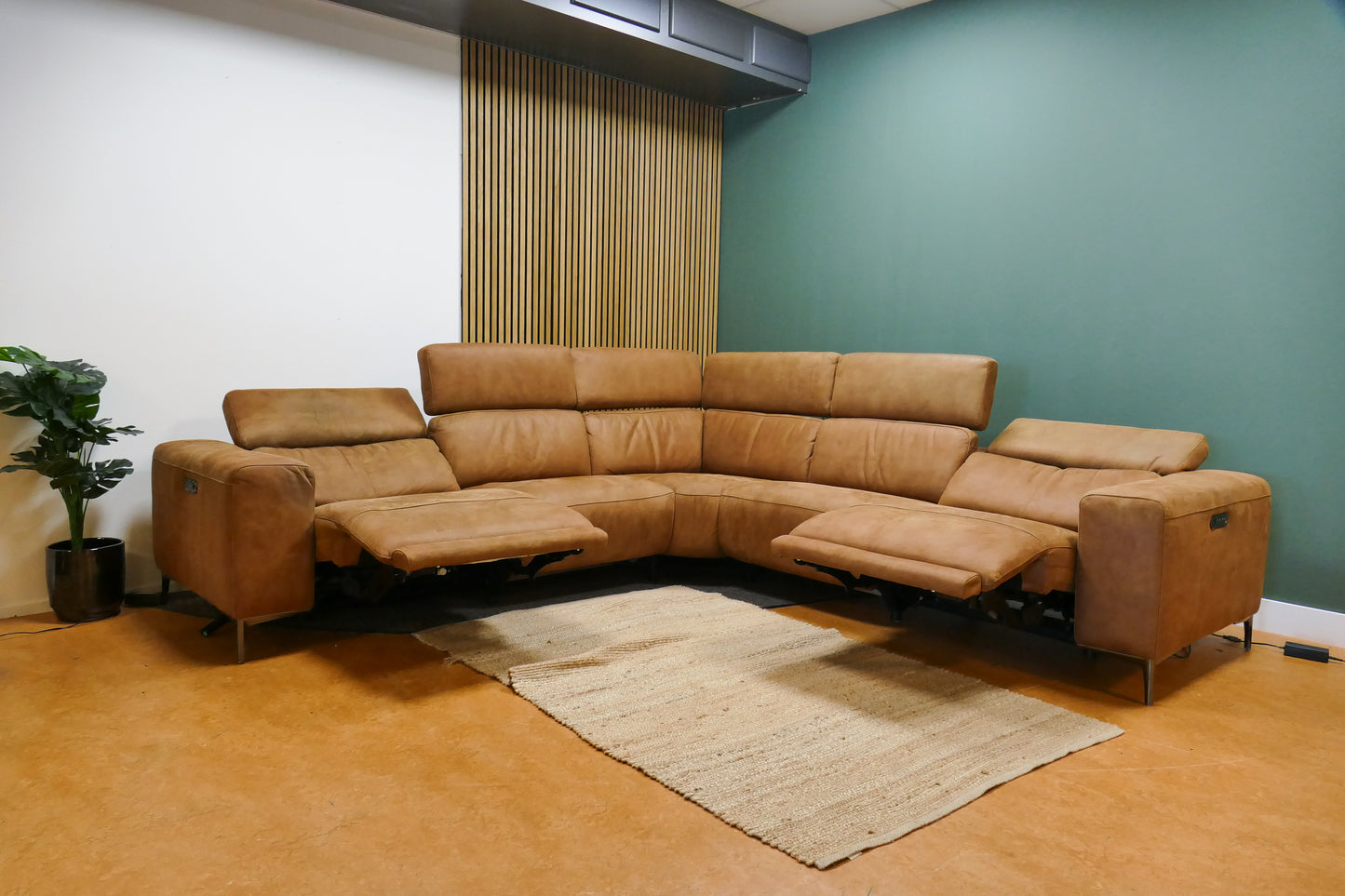 Refurbished Hoekbank Cognac Elektrisch Verstelbaar