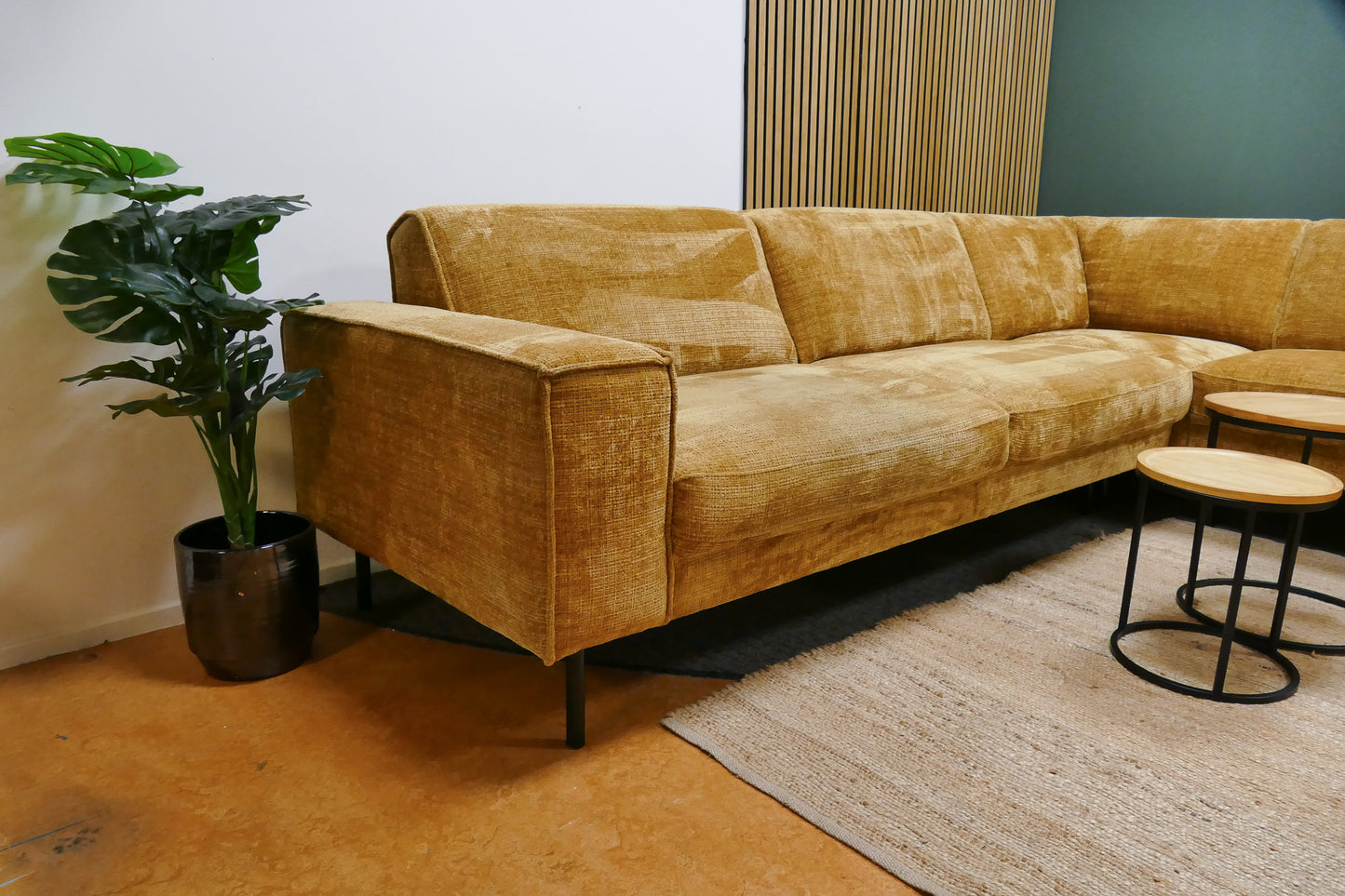 Refurbished Moderne Hoekbank Geel Bouclé