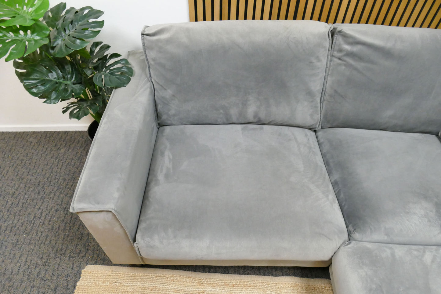 Refrubished hoekbank DFS Velvet Blauw/Grijs